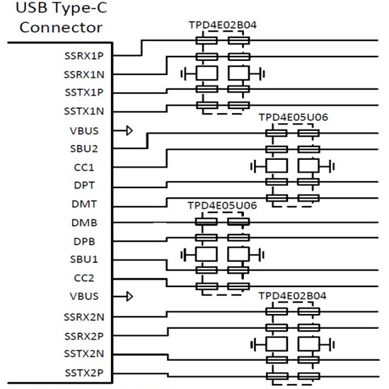 Schematic - Texas Instruments TPD4E02B04 4-Channel ESD Protection Diode